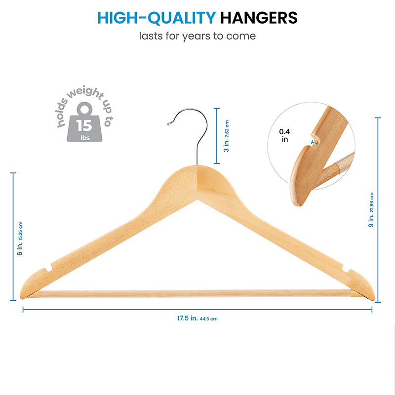 High-Grade Wooden Suit Hangers - Smooth Finish Solid Wood Coat Hanger with Non Slip Pants Bar, 360 Swivel Hook and Precisely Cut Notches for Camisole, Jacket, Pant, Dress Clothes Hanger