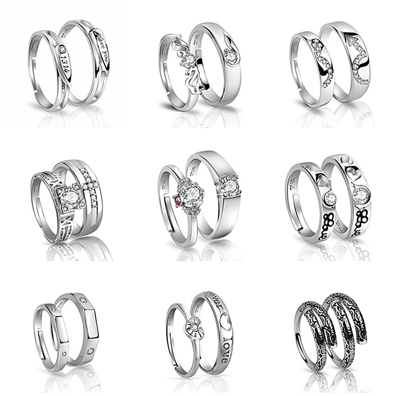 JZ Fashion 925 Silver Rings for Couple White Sapphire Jewelry Rings Size Adjustable