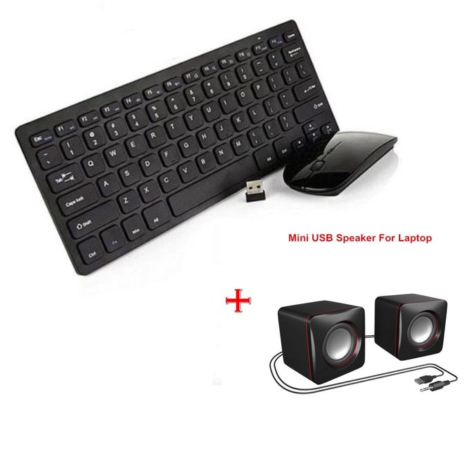 Portable Wireless Keyboard & Mouse Combo - Black + Mini USB Laptop Speaker