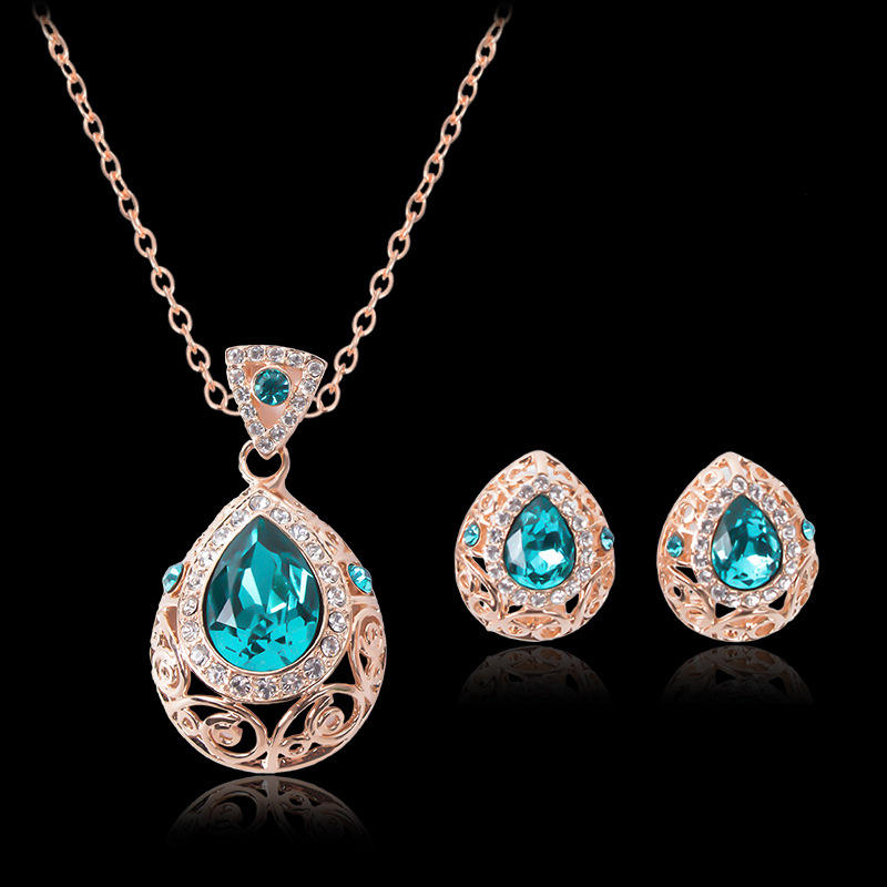 00293-6 Fashion Blue Crystal Stone Wedding Jewelry Sets For Brides Gold Color Necklace Earrings Set For Women