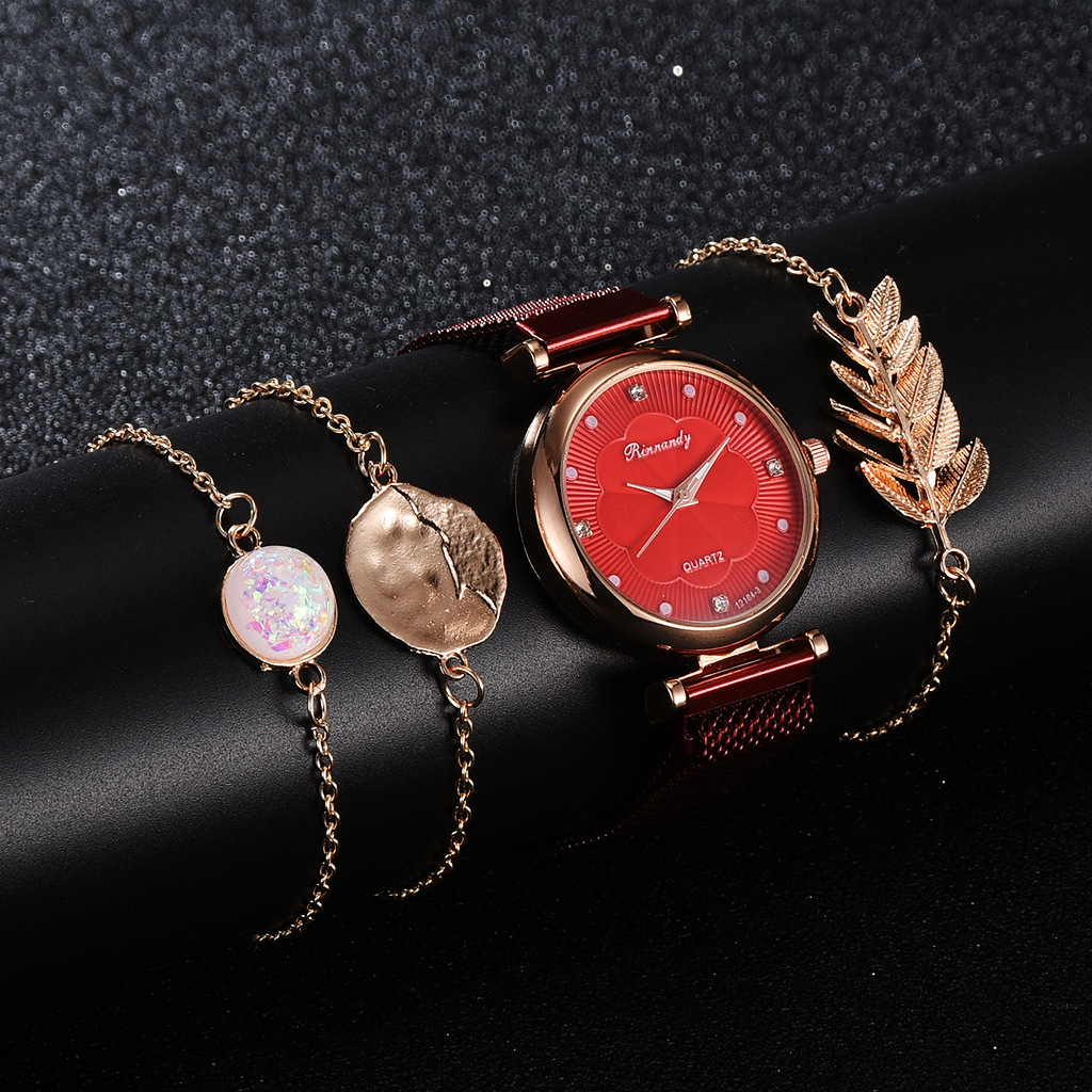 Fashion Ladies Watch + Bracelet Combination Set Magnet Buckle Simple Casual Watch Flower Dial Alloy Mesh Strap Quartz Watch Couple Girls Gift Watch