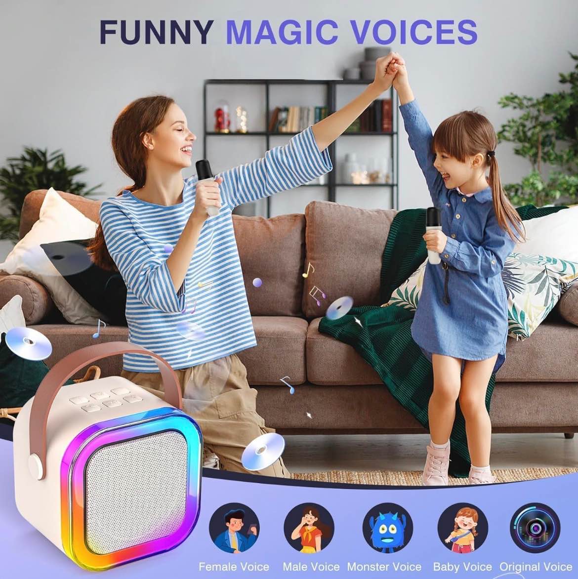 Mini Karaoke Machine, Portable Bluetooth Speaker with 2 Wireless Microphones, Outdoor Live Home K-song Bluetooth Audio with Microphone, Christmas and Birthday Gifts Suitable for Girls and boys