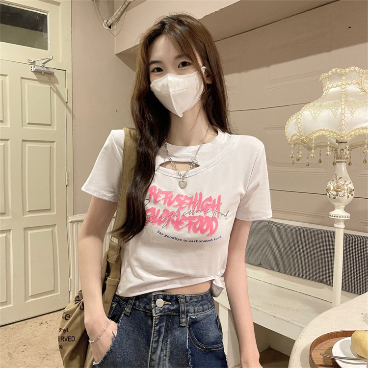 WYP-6791 Women's Fashion Loose Cutout Design Sense Printed Slim Slim Cropped T-shirt