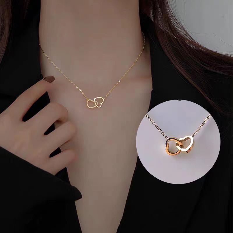 Free shipping Female neckalce apparel jewelry gold Couples Necklace Valentine's Day lovers Titanium steel love Double button Girl stainless steel heart linked to heart Double Ring Necklace Colorless jewelry CRRSHOP unisex lover present