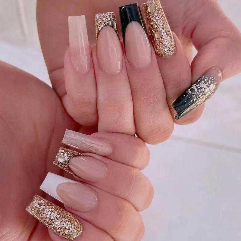 W129 24 Pcs Glossy Press on Nails, Super Long Coffin French Contrast Color Glitter Decor Fake Nails, Acrylics Full Cover False Nails for Women and Girls