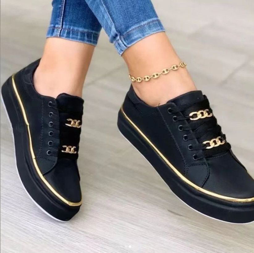 Large-size Europe and the United States thick sole chain sports wind low-top single shoes for women leather front lace-up set feet casual single shoes 2097