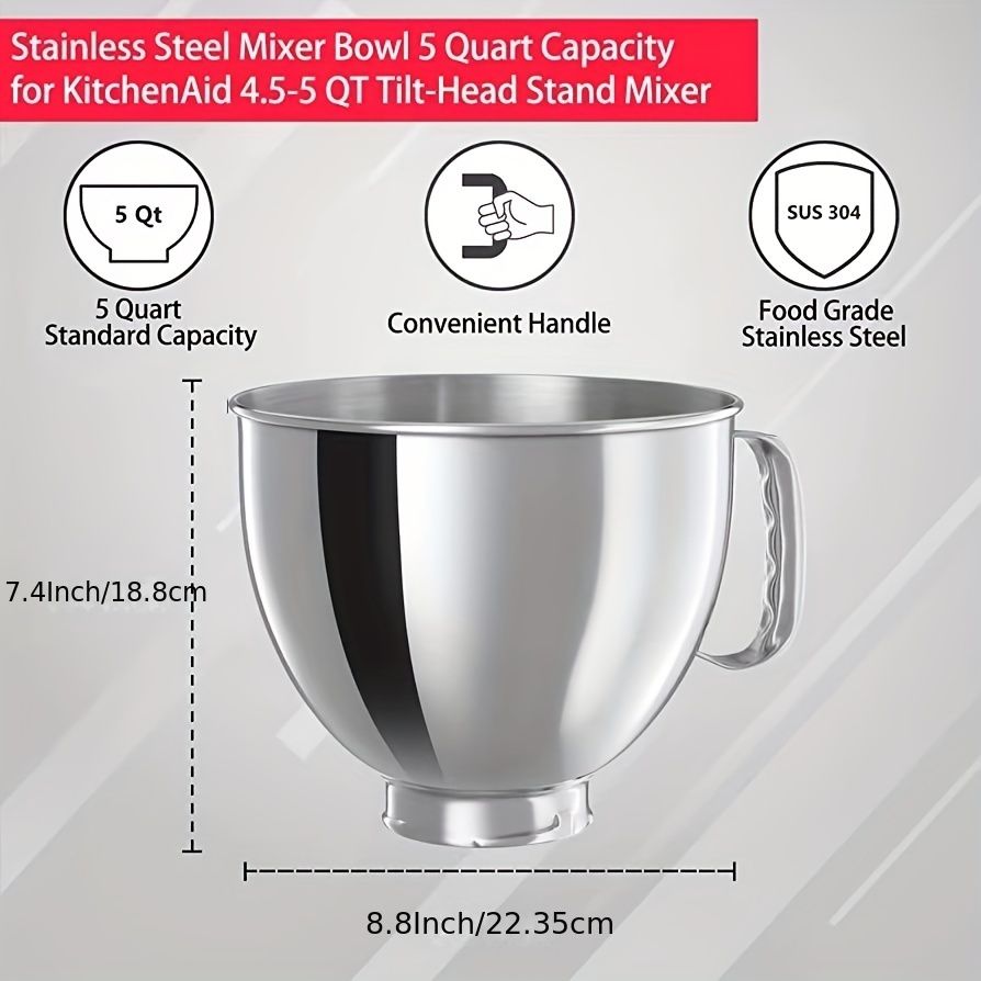 Kitchen Aid Stainless Steel Bowl , Mixer 4.5 And 5 Quart Stainless Steel Bowl,Compatible With Kitchenaid Artisan 5KSM125, 5KSM150, 5KSM175, 5KSM7580,