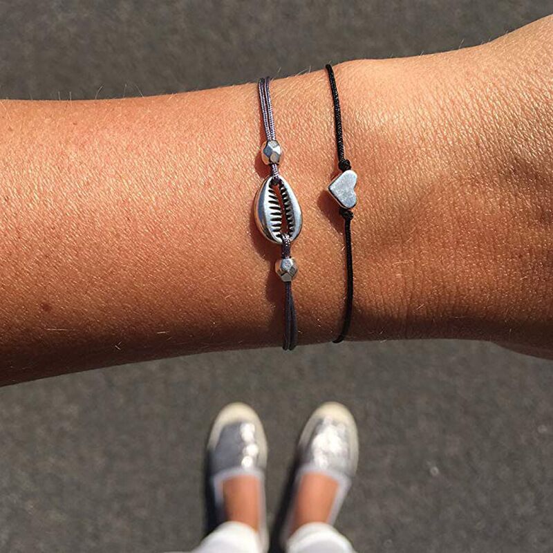 X0187 Weave Rope String Silver Plated Shell & Heart Charm Decor Bracelet Set for Women Men Teen Girls Boys