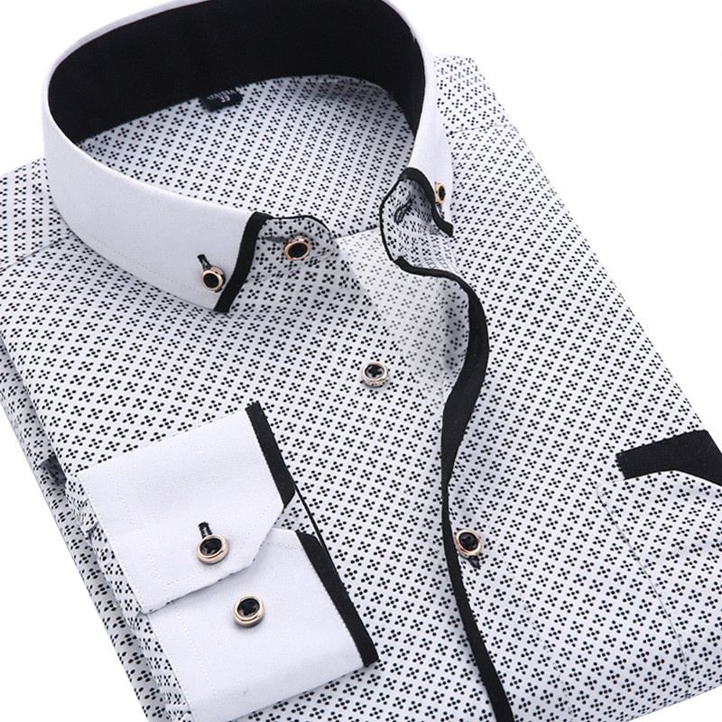 Men Fashion Casual Long Sleeved Printed shirt Slim Fit Male Social Business