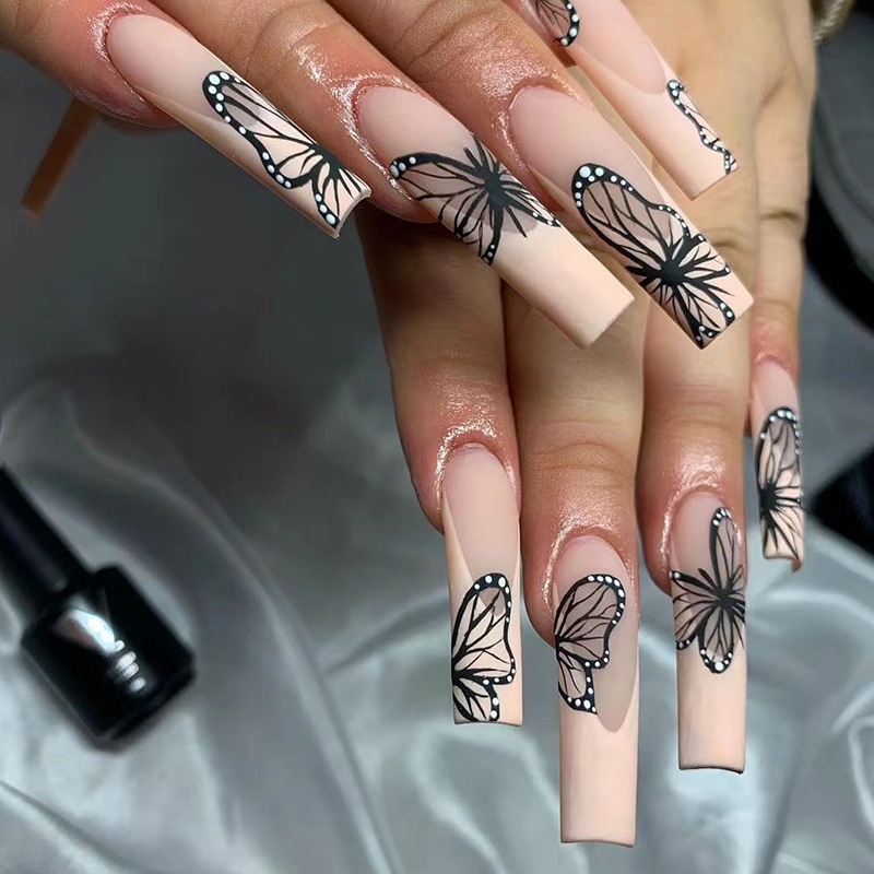 24Pcs Long Coffin False Nails Glitter Butterfly Designs Fake Nails Artificial Full Cover Nail Art Tips Press on Nails Manicure ToolJP1616
