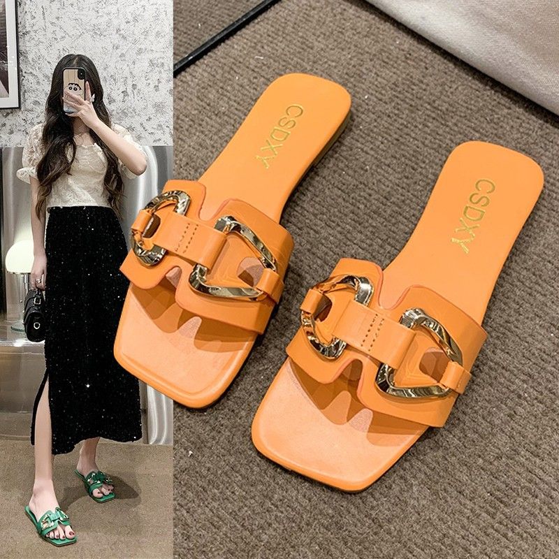 Korean version of metal buckle flat slippers female casual fashion slippers female 898