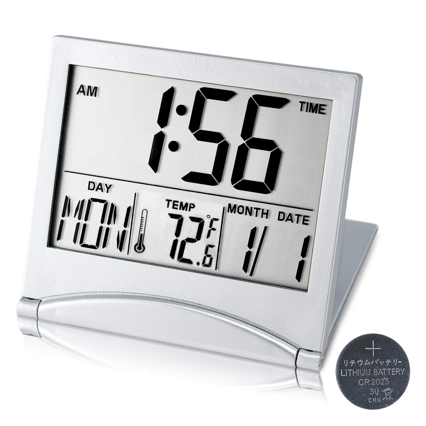 033 Digital Travel Alarm Clock Battery Operated, Portable Large Number Display Clock with Temperature, 12/24 H Small Desk Clock