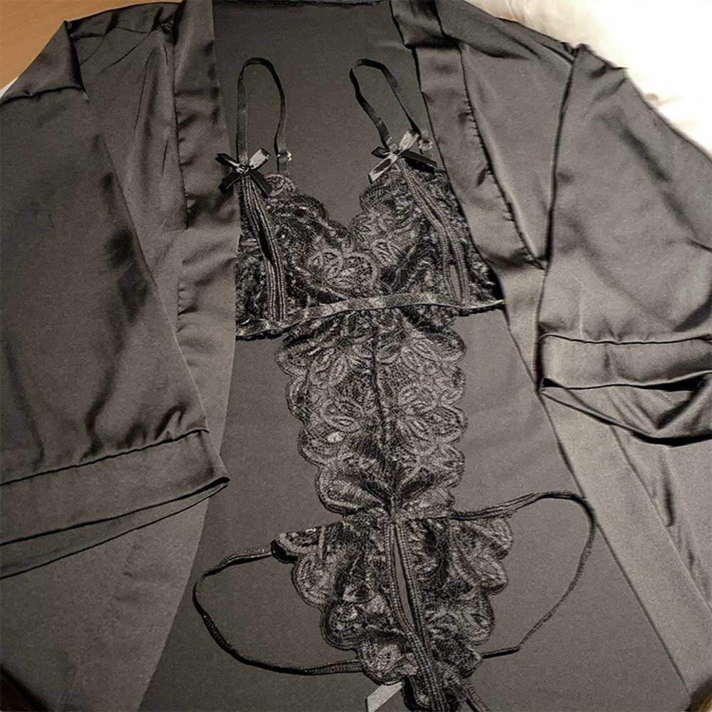 Sexy lingerie with open crotch and lace jumpsuit, bed teasing pajama set