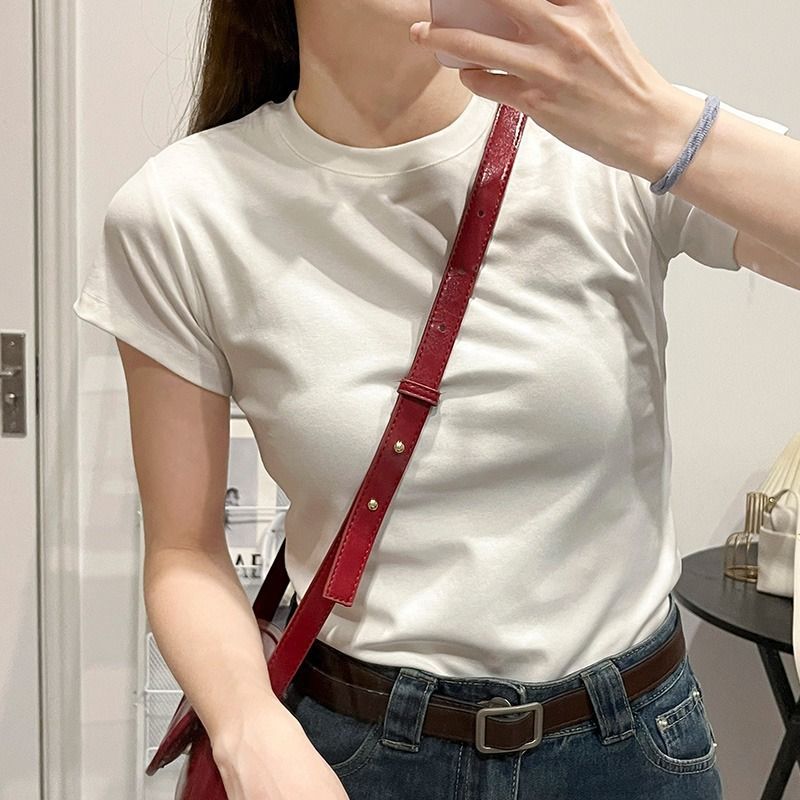 Women's American Style White Tee Regular Shoulder Short Sleeve Crew Neck Cotton Slim Fit Layering Base Top