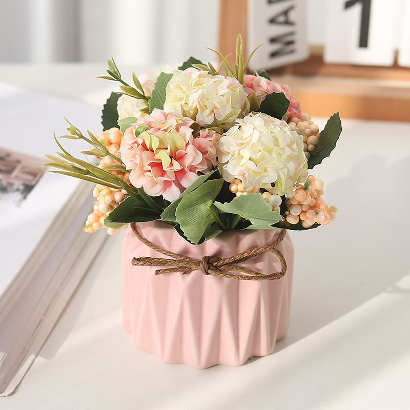 FZH002 Artificial Hydrangea Bouquet with Small Ceramic Vase Fake Silk Variety Flower Balls Flowers Decoration for Table Home Party Office Wedding