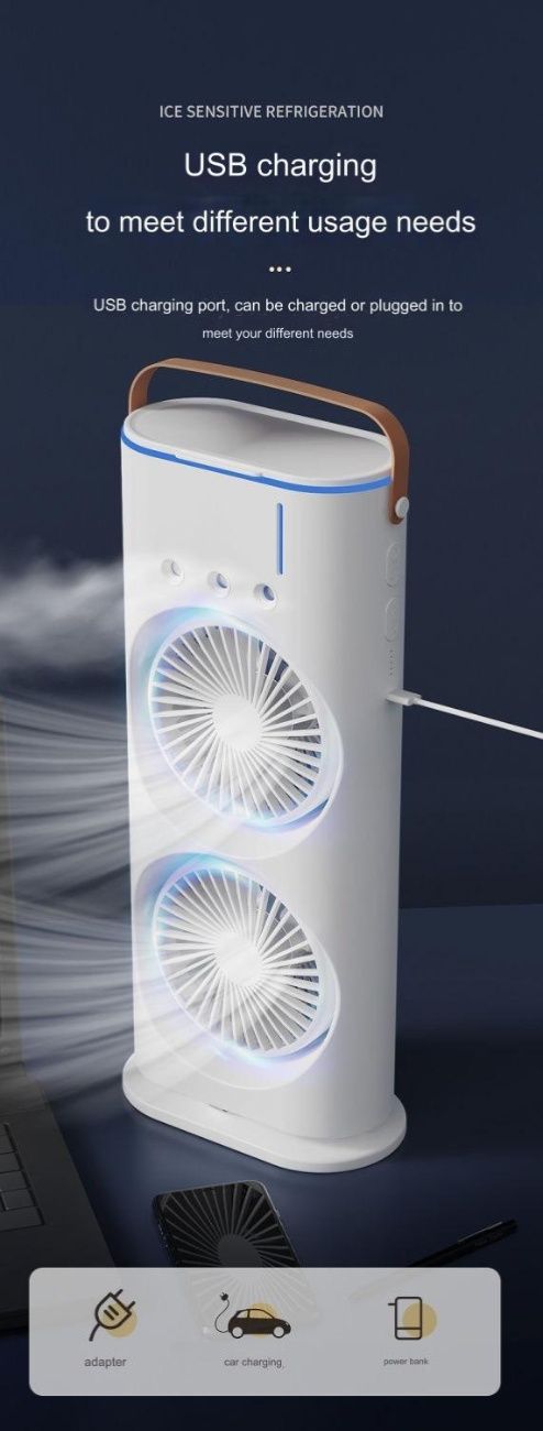 New double-head spray fan for home, dormitory, office, USB shaking mini fan, rechargeable, remote control, silent