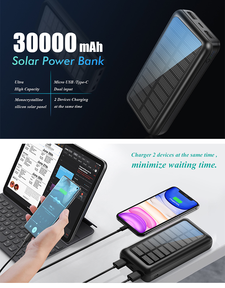 Portable Charger Power Bank 30000mAh - MECOLA Solar Charger, 2 USB Ports High-Speed Panel External Battery Pack for iPhone, Samsung Galaxy and More