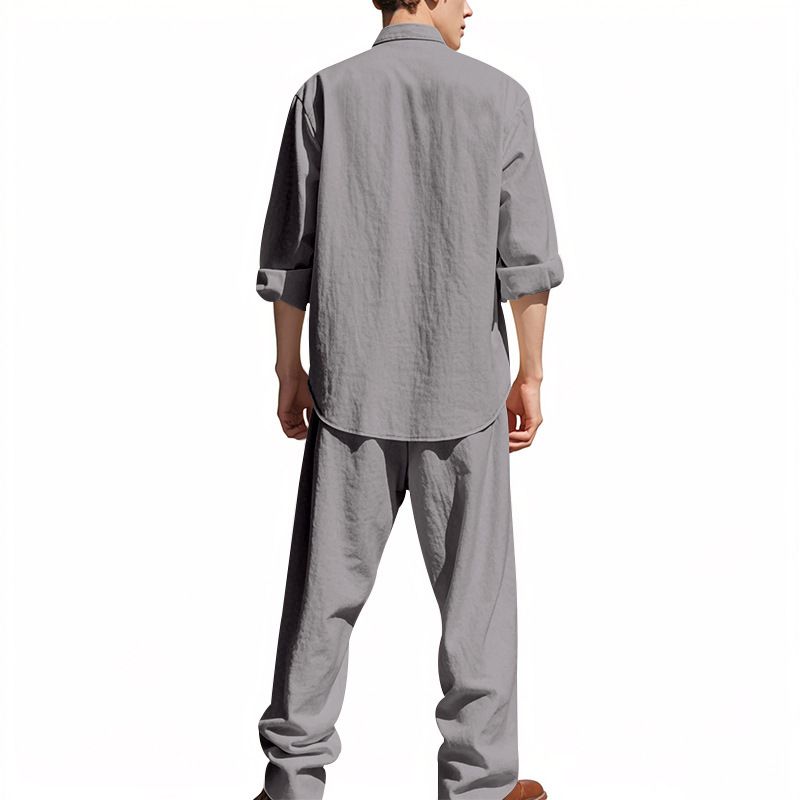 Men's Clothing Sets Two-Piece Outfits Flax Men's Casual Loose Breathable Long Sleeve Long Pants Shirt Beach Set
