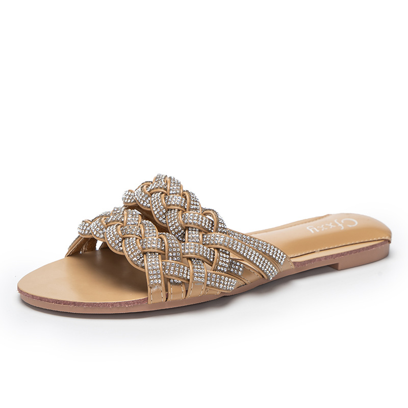 YT2020-2 Womens Comfortable Rhinestone Decor Braided Flat Slide Sandals