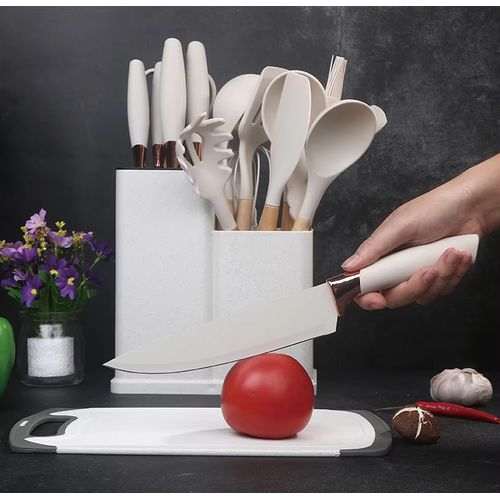  Kitchen 19PCS Silicone Utensils Cooking Sets Wood Handle Knife Set With Cutting board Silicone 19-piece Set Kitchen Accessories
