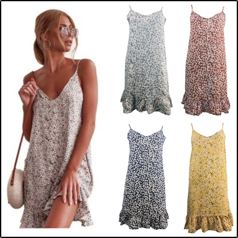 Women's Summer Floral Ruffle Mini Dress Sleeveless A Line Flare Short Dresses Beach Sundresses
