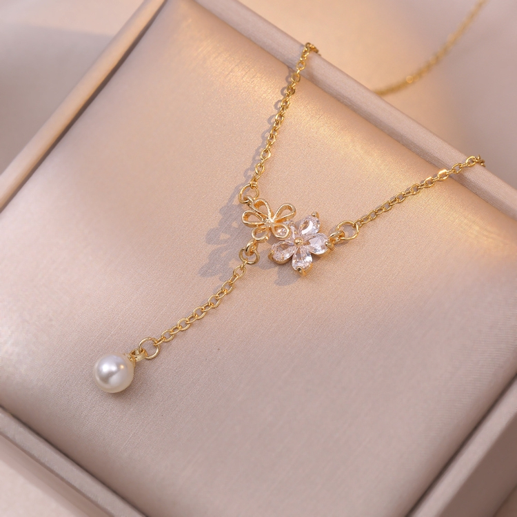 Flower Zircon Pearl pendant necklace female jewelry holiday gift CRRSHOP gold flower necklace gifts present