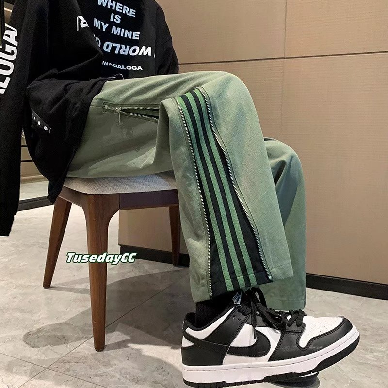 JCF Men's Summer New Zipper Loose Casual Pants Striped Straight Leg Pants