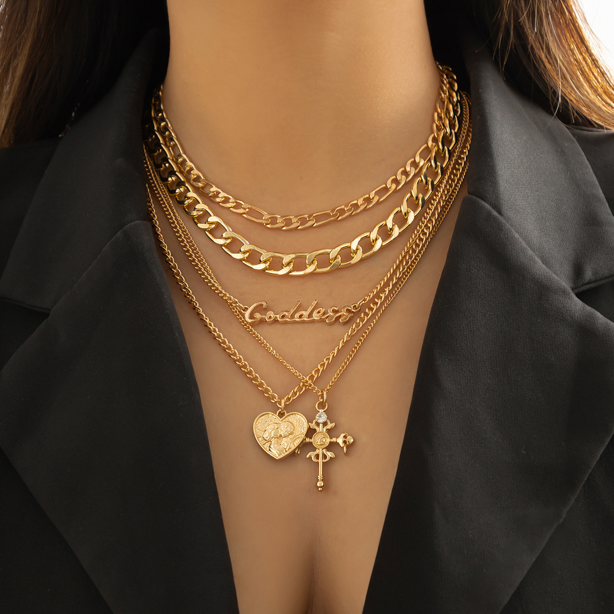 3816 Women's Vintage Multi Layered Cross Pendant Necklace Letter Chain Necklace