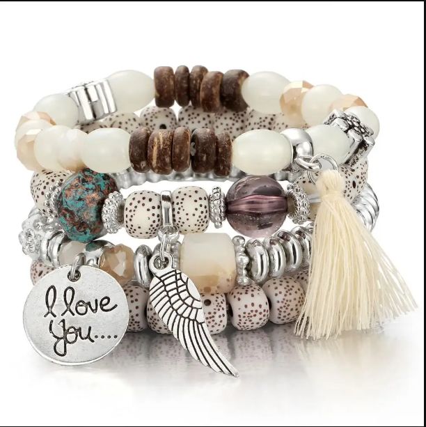 Boho Wings Heart Pendant Charm DIY Beads Bracelets Set Women Lava Stone Wristband Bracelet Bangles 