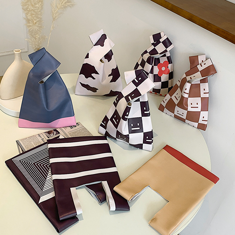 369-36963 Handbag Women Mini Knot Wrist Bag Casual Color Wide Stripe Plaid Tote Bag Student Reusable Shopping Bags