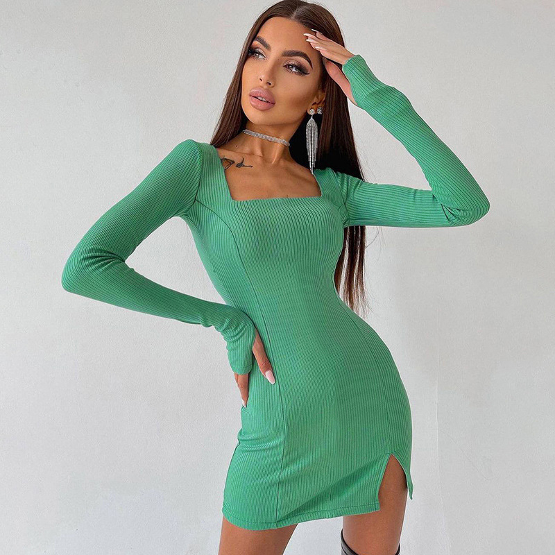 D196548K Women's Long Sleeve Square Neck Slit Bodycon Sweater Dress Ribbed Knit Slim Fit Mini Dress