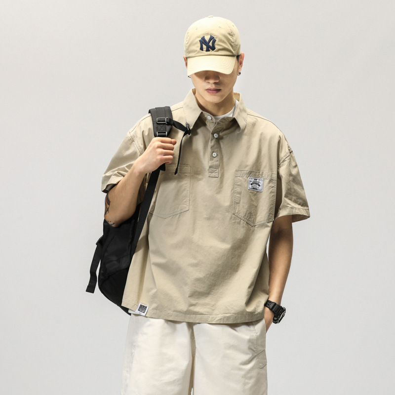 768 Men's Casual Cargo Shirt Polo Shirt Short Sleeve Top SummerApricot