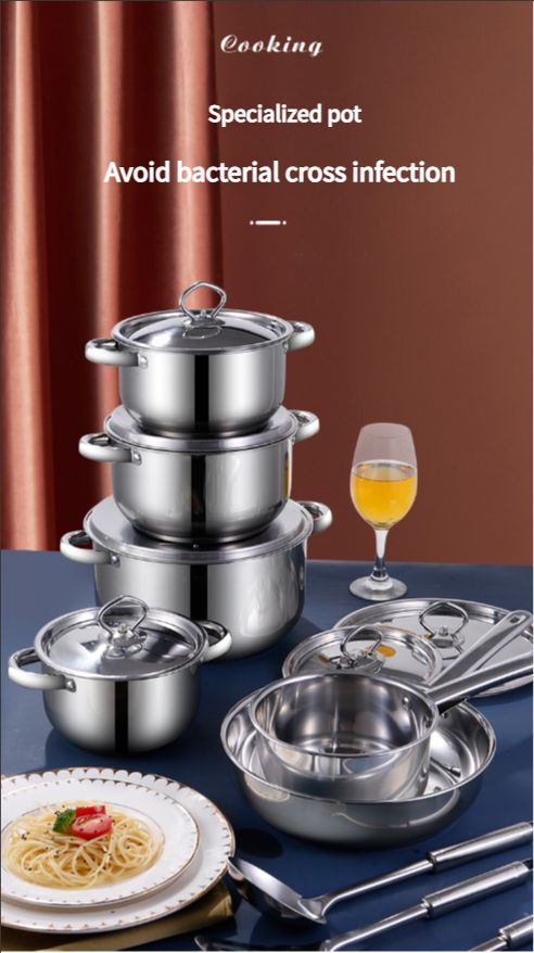 15-piece Stainless steel pot set thick composite bottom silver Cooking Pots frying pan soup pot milk pot spoon soup spoon stir fry spoon cookware set