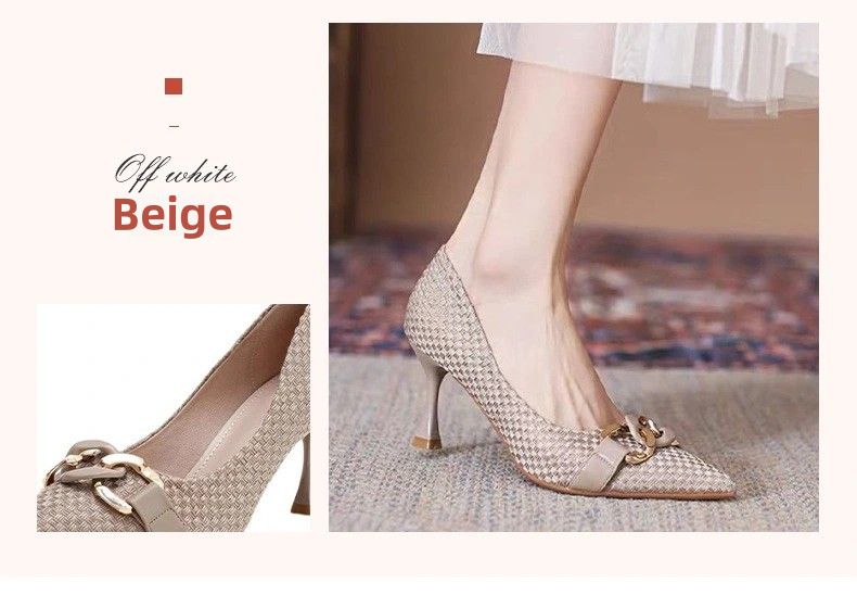 New Women's Single Shoes,High Heels,with Metal Chain, Niche and Versatile, Shallow Mouth, Stiletto Heel, Pointed Toe. Pointed Toe and Versatile Single Shoes for All Seasons with Stiletto Heel and Breathable Soft Leather for Professionals.Size 37-41.