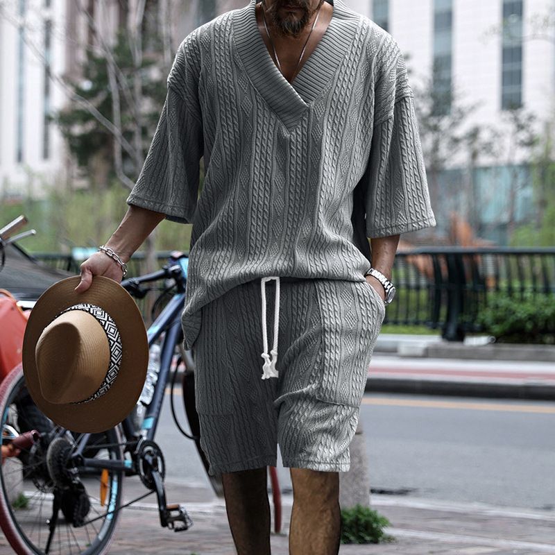 New European American Casual Loose Seven Quarter Sleeve Jacquard Knitted Sweater Top Shorts Men's Clothing Sets Two-Piece Outfitsgray