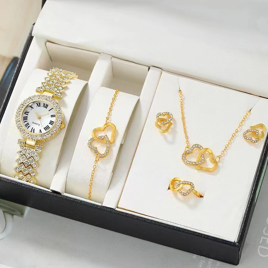 a-12 6pcs Dainty Quartz Watch With Heart Jewelry Set For Women Rhinestone Watch Double Heart Necklace Bracelet Earrings Ring Set
