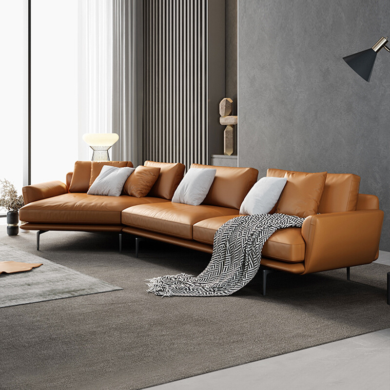 Modern Leather Sofa Low Profile Design Down and High Density Foam Layered Cushion Living Room Home Furniture