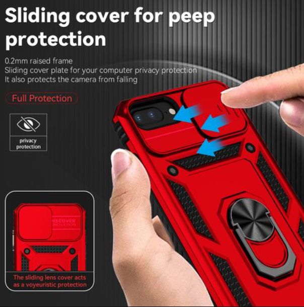 iPhone Case with Slide Camera Cover & Kickstand, Built-in 360 Rotate Ring Stand Magnetic Cover Case for Apple iPhone(Black and red)
