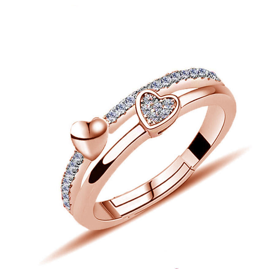 J55 Women Double Heart Rings Opening Adjustable Simple Bijoux Jewelry