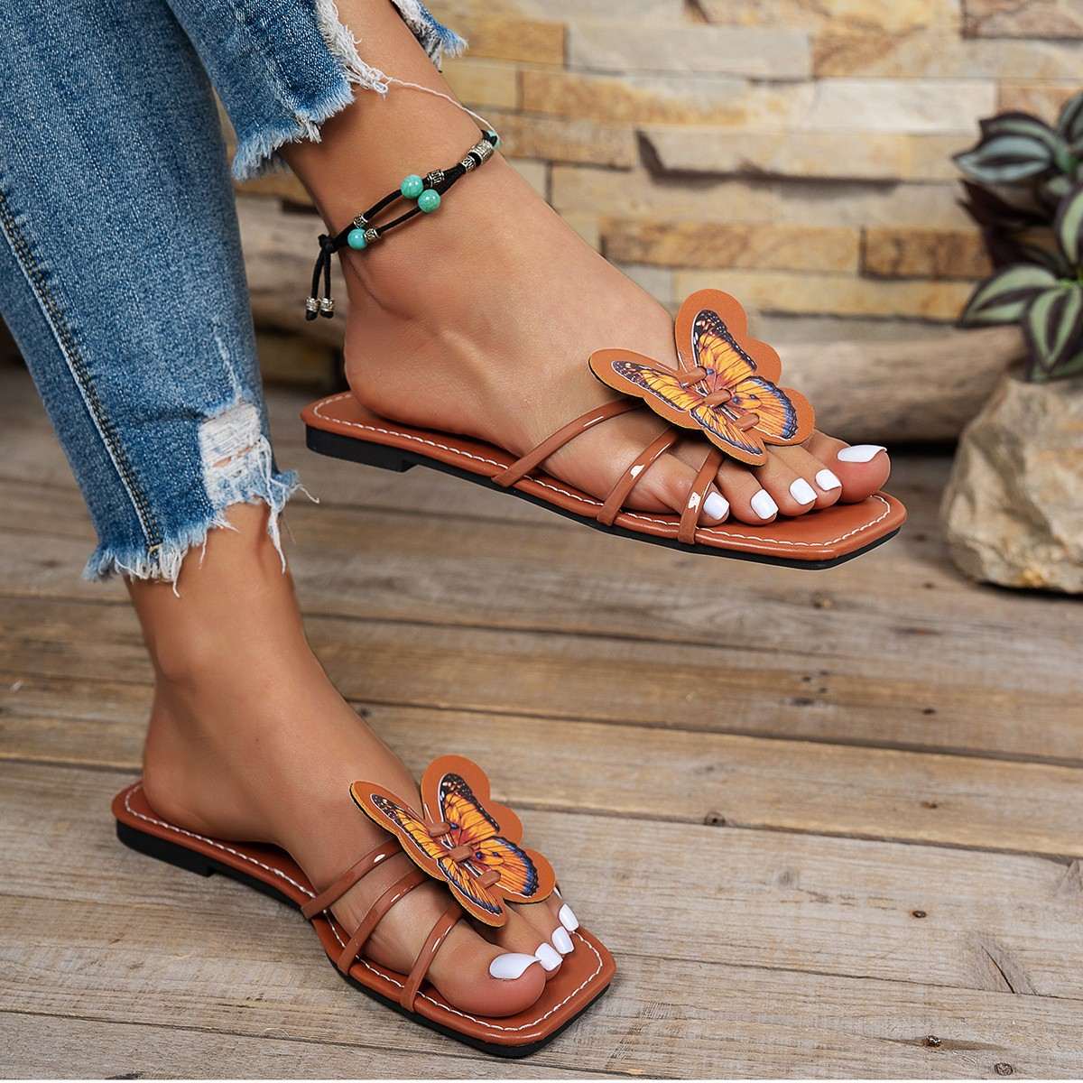 Large-sized square toe flat slippers for women, 2025 summer retro bow beach flip-flops