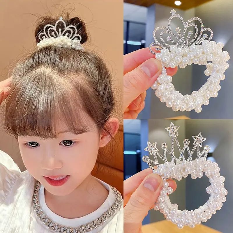 2pcs Fashion Pearl Crown Princess Hair Bands Elastic Rubber Bands Children Ball Hair Bun Ties Hair Styling Accessories
