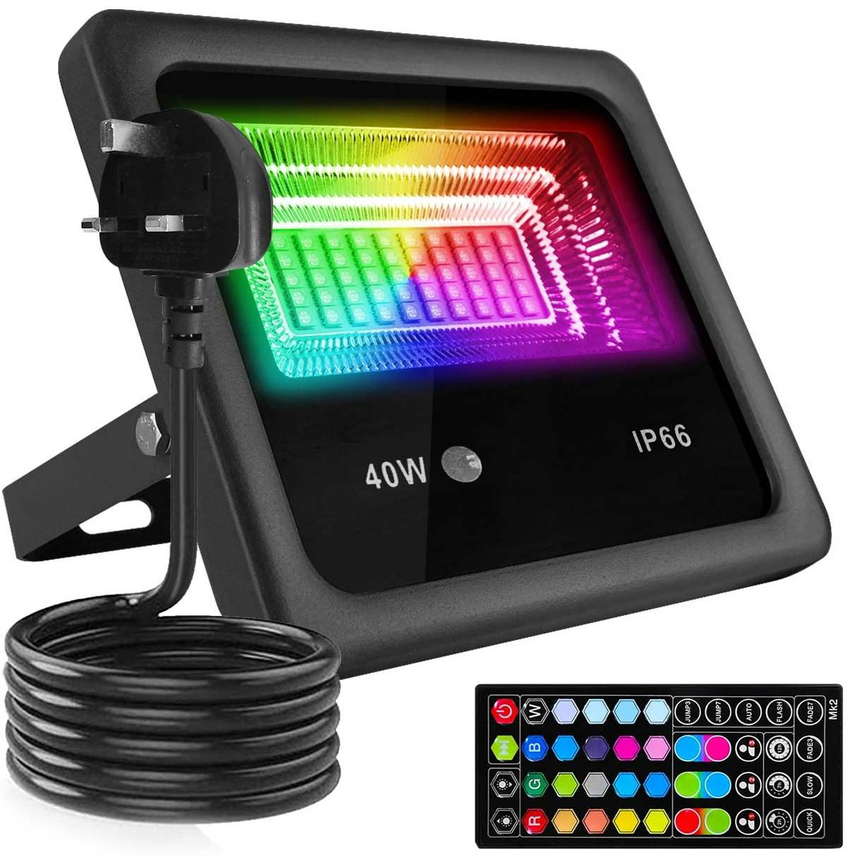 MECOLA RGB LED Floodlight Outdoor 40W with Remote Control, 4000LM IP66 Waterproof LED Flood Lights Outdoor, DIY 1000 Colours RGB Outdoor Floodlight, 6 Modes UK 3-Plug 60 LED Flood Light with 2m Wire