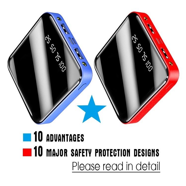 Multi Functional Portable Mobile Power Supply, Power Bank, High Speed Charging ( Square, full mirror screen, Flashlight + Dual USB, Integrated compression type high capacity battery pack) (Red / Blue)