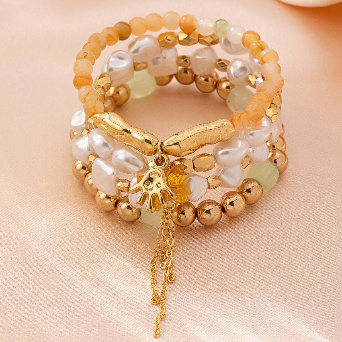 4-Piece Mixed Beaded Bracelet Set with Faux Pearls, Natural Stone & Gold Accents, Tassel Pendant, Boho Stackable Elastic Stretch Jewelry for Women
