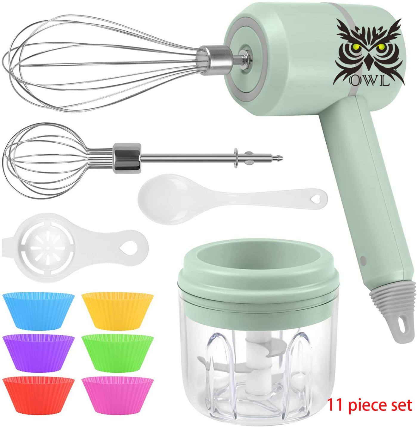 OWL Cordless Hand Mixer Electric with the Function of Chopper, 3-in-1 Speed Change Hand Mixer for Kitchen Baking and Baby Food Etc, with 304 Stainless Steel Egg Beater, BPA-free Food Chopper