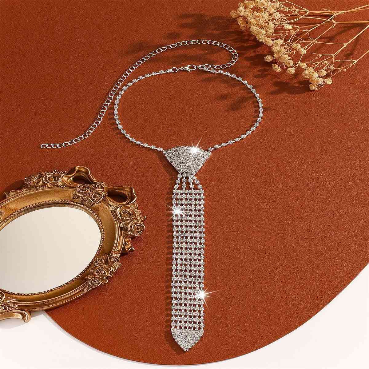 Sparkling Rhinestone Tie Necklace, Silver-Tone Crystal Necktie Pendant, Statement Jewelry for Weddings, Proms, Parties & Evening Events
