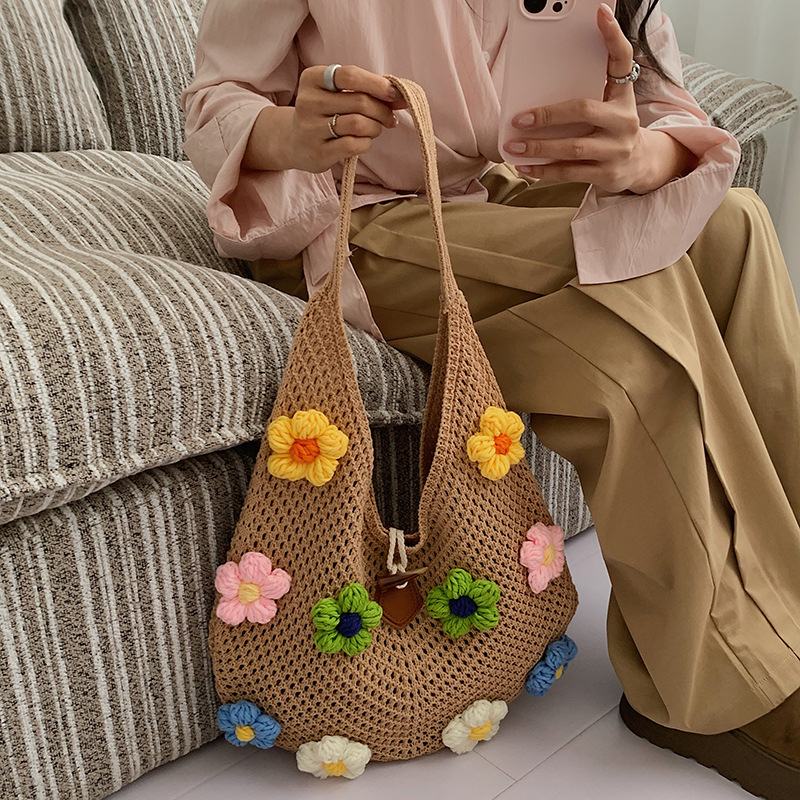 2026 Fresh Floral Knitted Handbag, Lazy Casual Large Capacity Shoulder Bag, High-end Versatile Underarm & Tote Bag, Fashion Commuter Daily Accessory for Women