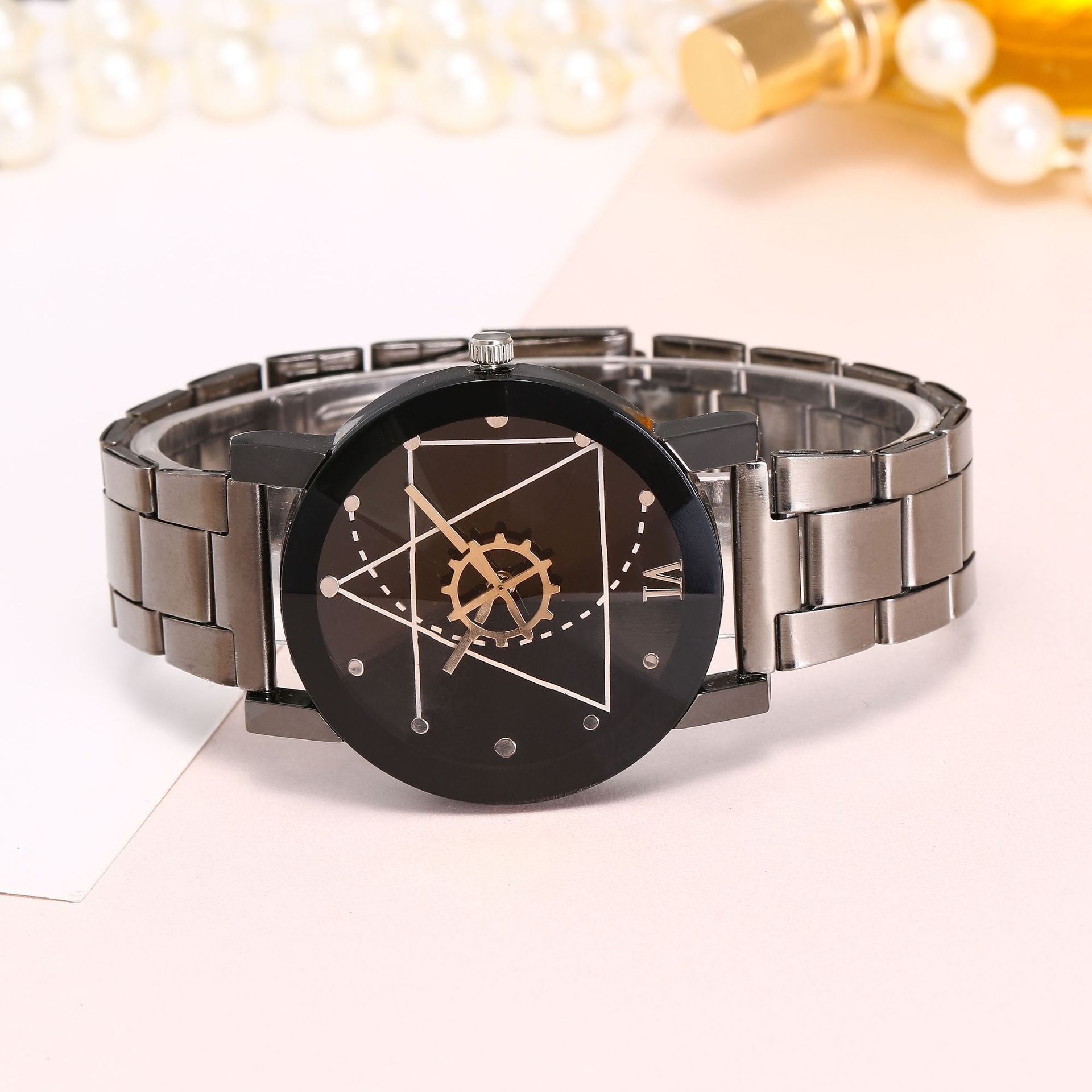 New fashion steel band men's watch female simple student men and women couple watch compass turntable pointer quartz watch