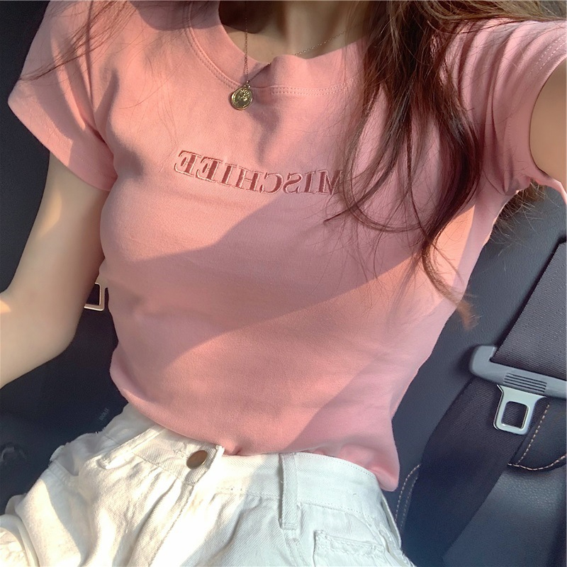 WBX-W21 Women's Cute Print Embroidery Short Sleeve T-shirt Slim Fitting for Female