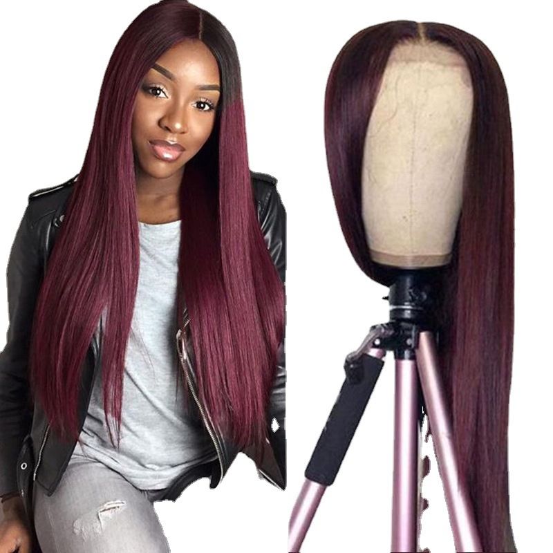 Ladies European and American wine red medium long straight hair high temperature silk chemical fiber full head wig 2362